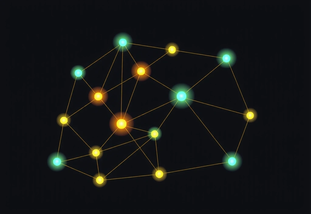 Red de nodos tecnológicos con efectos neon dorados y azules